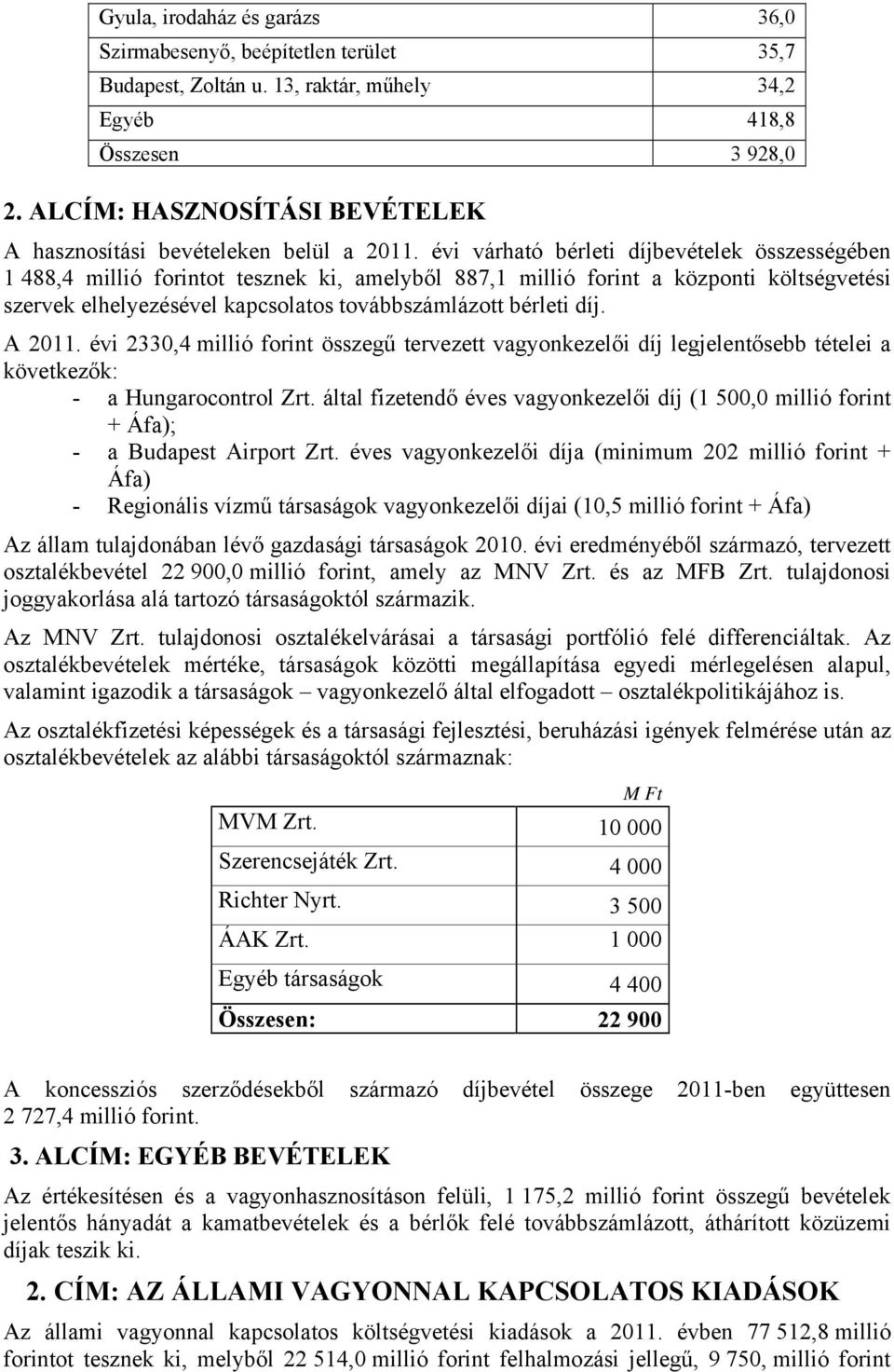 évi várható bérleti díjbevételek összességében 1 488,4 millió forintot tesznek ki, amelyből 887,1 millió forint a központi költségvetési szervek elhelyezésével kapcsolatos továbbszámlázott bérleti