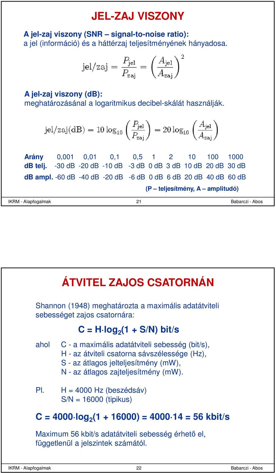 -60 db -40 db -20 db -6 db 0 db 6 db 20 db 40 db 60 db (P teljesítmény, A amplitudó) IKR - Alapfogalmak 21 ÁTVITEL ZAJOS CSATORNÁN Shannon (1948) meghatározta a maximális adatátviteli sebességet