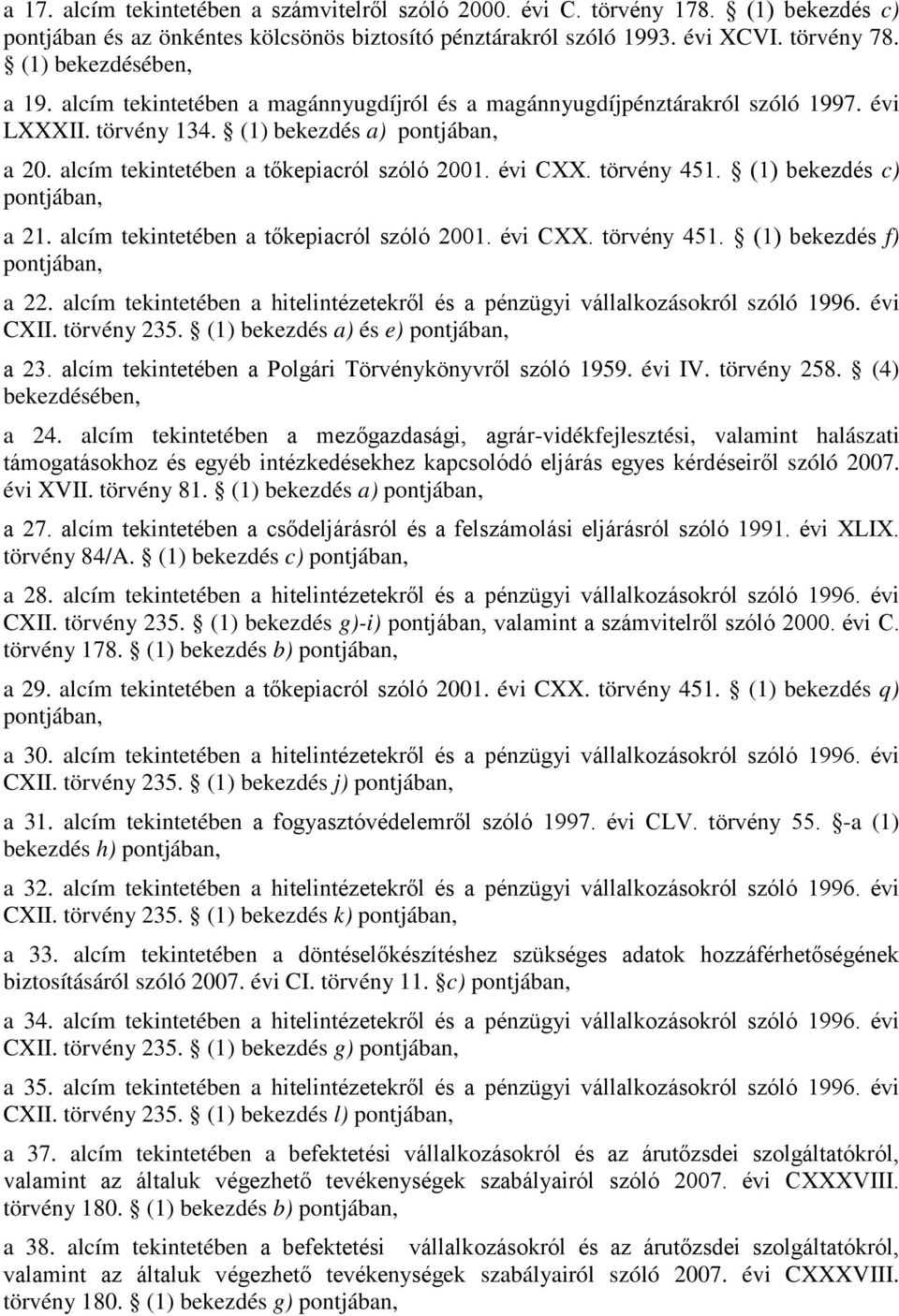 alcím tekintetében a tőkepiacról szóló 2001. évi CXX. törvény 451. (1) bekezdés c) pontjában, a 21. alcím tekintetében a tőkepiacról szóló 2001. évi CXX. törvény 451. (1) bekezdés f) pontjában, a 22.