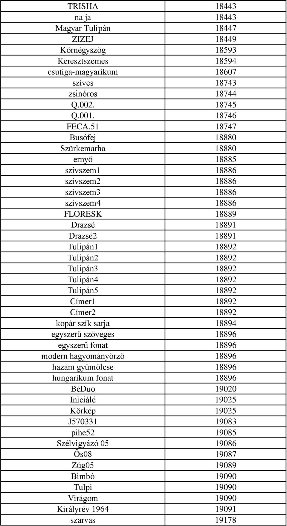 Tulipán3 18892 Tulipán4 18892 Tulipán5 18892 Címer1 18892 Címer2 18892 kopár szík sarja 18894 egyszerű szöveges 18896 egyszerű fonat 18896 modern hagyományőrző 18896 hazám gyümölcse 18896