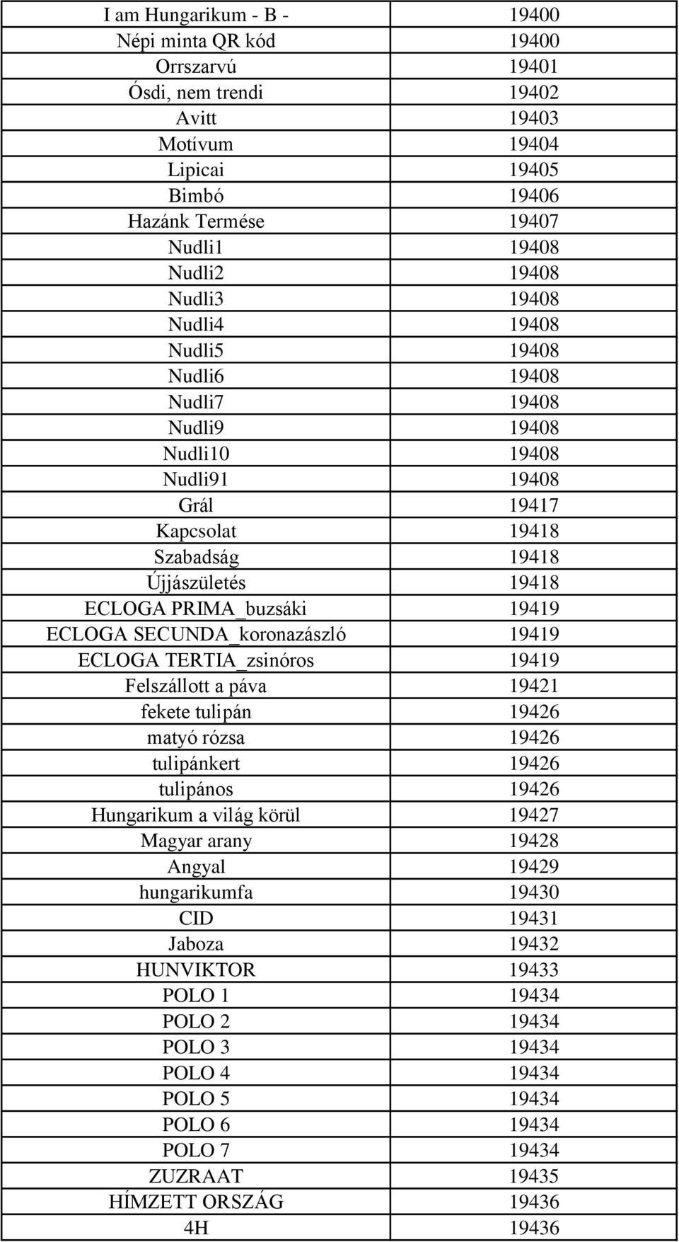 SECUNDA_koronazászló 19419 ECLOGA TERTIA_zsinóros 19419 Felszállott a páva 19421 fekete tulipán 19426 matyó rózsa 19426 tulipánkert 19426 tulipános 19426 Hungarikum a világ körül 19427 Magyar arany