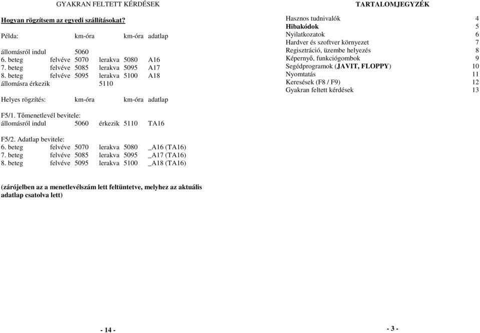 Regisztráció, üzembe helyezés 8 Képernyő, funkciógombok 9 Segédprogramok (JAVIT, FLOPPY) 10 Nyomtatás 11 Keresések (F8 / F9) 12 Gyakran feltett kérdések 13 F5/1.