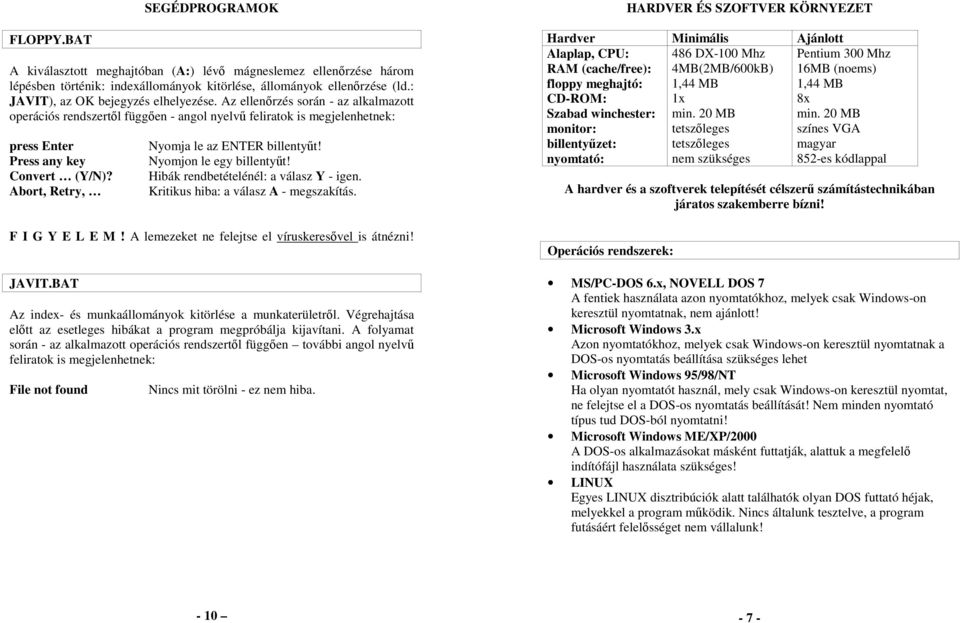 Press any key Nyomjon le egy billentyűt! Convert (Y/N)? Hibák rendbetételénél: a válasz Y - igen. Abort, Retry, Kritikus hiba: a válasz A - megszakítás. F I G Y E L E M!