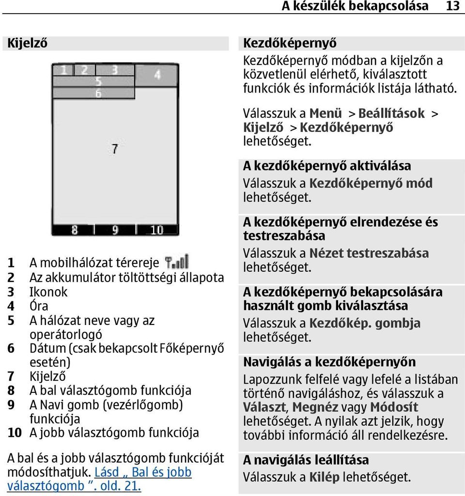 21. Kezdőképernyő Kezdőképernyő módban a kijelzőn a közvetlenül elérhető, kiválasztott funkciók és információk listája látható.