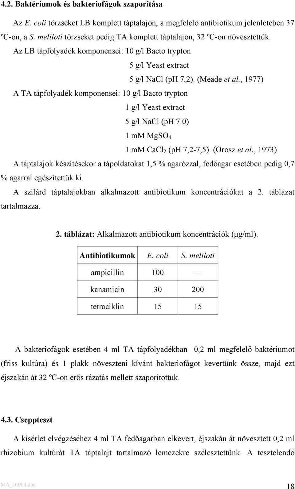 , 1977) A TA tápfolyadék komponensei: 10 g/l Bacto trypton 1 g/l Yeast extract 5 g/l NaCl (ph 7.0) 1 mm MgSO 4 1 mm CaCl 2 (ph 7,2-7,5). (Orosz et al.