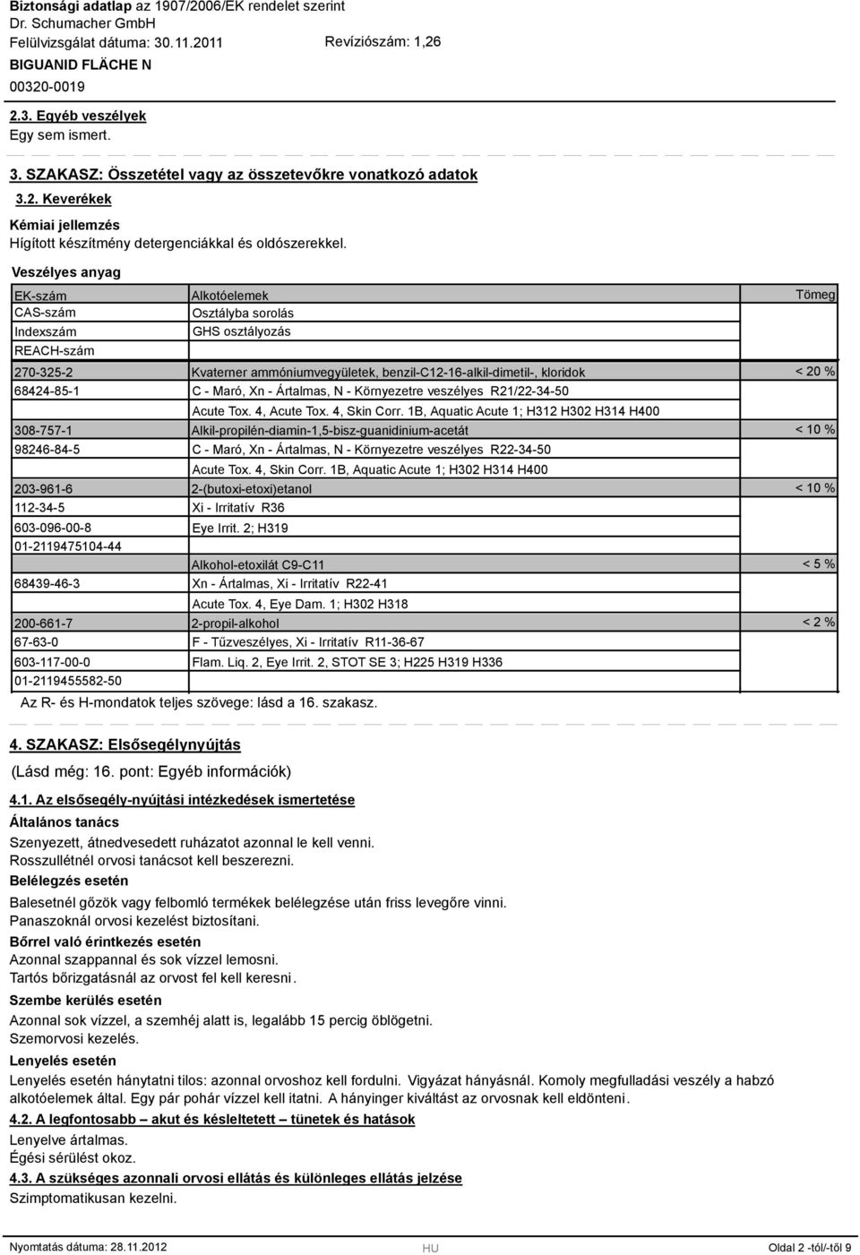 Alkotóelemek Osztályba sorolás GHS osztályozás Kvaterner ammóniumvegyületek, benzil-c12-16-alkil-dimetil-, kloridok C - Maró, Xn - Ártalmas, N - Környezetre veszélyes R21/22-34-50 Acute Tox.