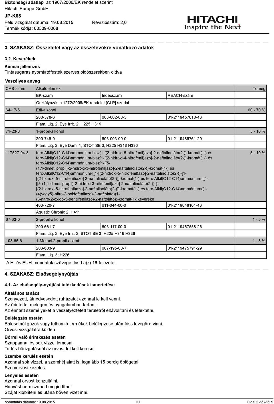 64-17-5 Etil-alkohol 60-70 % 200-578-6 60-002-00-5 01-2119457610-4 Flam. Liq. 2, Eye Irrit. 2; H225 H19 71-2-8 1-propil-alkohol 5-10 % 200-746-9 60-00-00-0 01-2119486761-29 Flam. Liq. 2, Eye Dam.