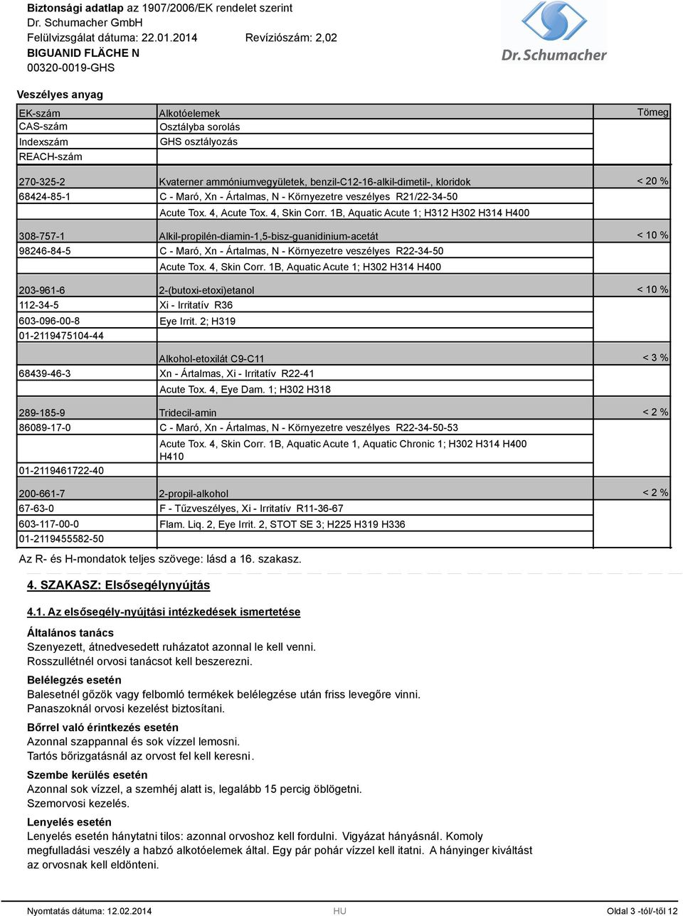 4, Skin Corr. 1B, Aquatic Acute 1; H312 H302 H314 H400 Alkil-propilén-diamin-1,5-bisz-guanidinium-acetát C - Maró, Xn - Ártalmas, N - Környezetre veszélyes R22-34-50 Acute Tox. 4, Skin Corr.