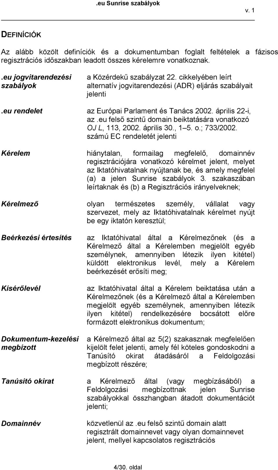 eu felső szintű domain beiktatására vonatkozó OJ L, 113, 2002. április 30., 1 5. o.; 733/2002.