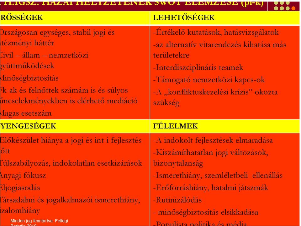 ncselekményekben is elérhető mediáció agas esetszám YENGESÉGEK lőkészület hiánya a jogi és int-i fejlesztés őtt úlszabályozás, indokolatlan esetkizárások nyagi fókusz ljogiasodás ársadalmi és