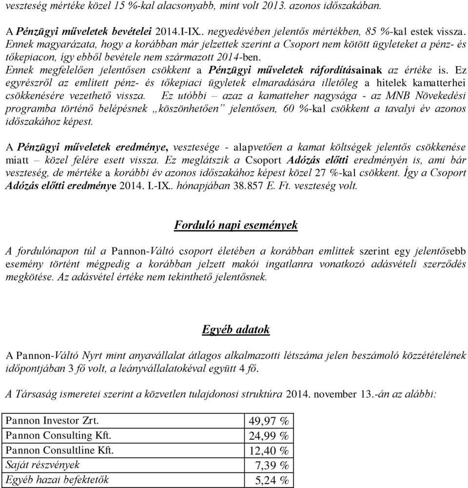 Ennek megfelelően jelentősen csökkent a Pénzügyi műveletek ráfordításainak az értéke is.