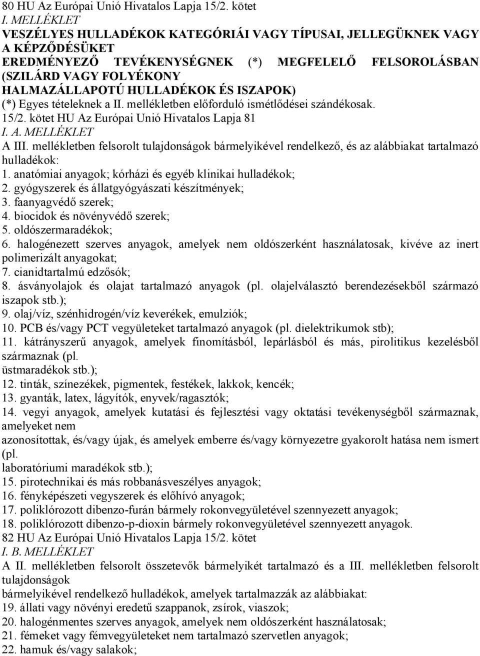 ISZAPOK) (*) Egyes tételeknek a II. mellékletben el forduló ismétl dései szándékosak. 15/2. kötet HU Az Európai Unió Hivatalos Lapja 81 I. A. MELLÉKLET A III.