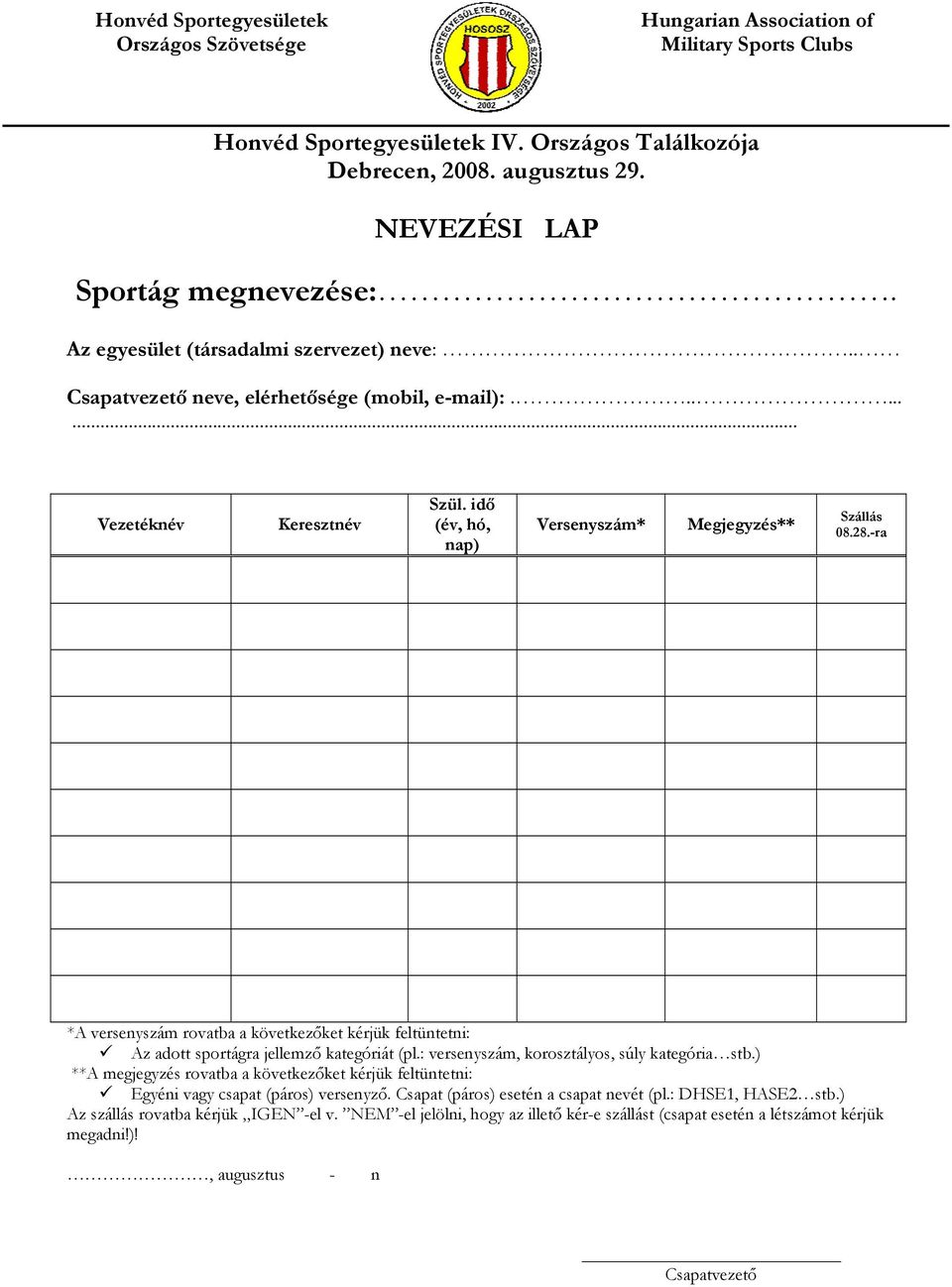 idő (év, hó, nap) Versenyszám* Megjegyzés** Szállás 08.28.-ra *A versenyszám rovatba a következőket kérjük feltüntetni: Az adott sportágra jellemző kategóriát (pl.