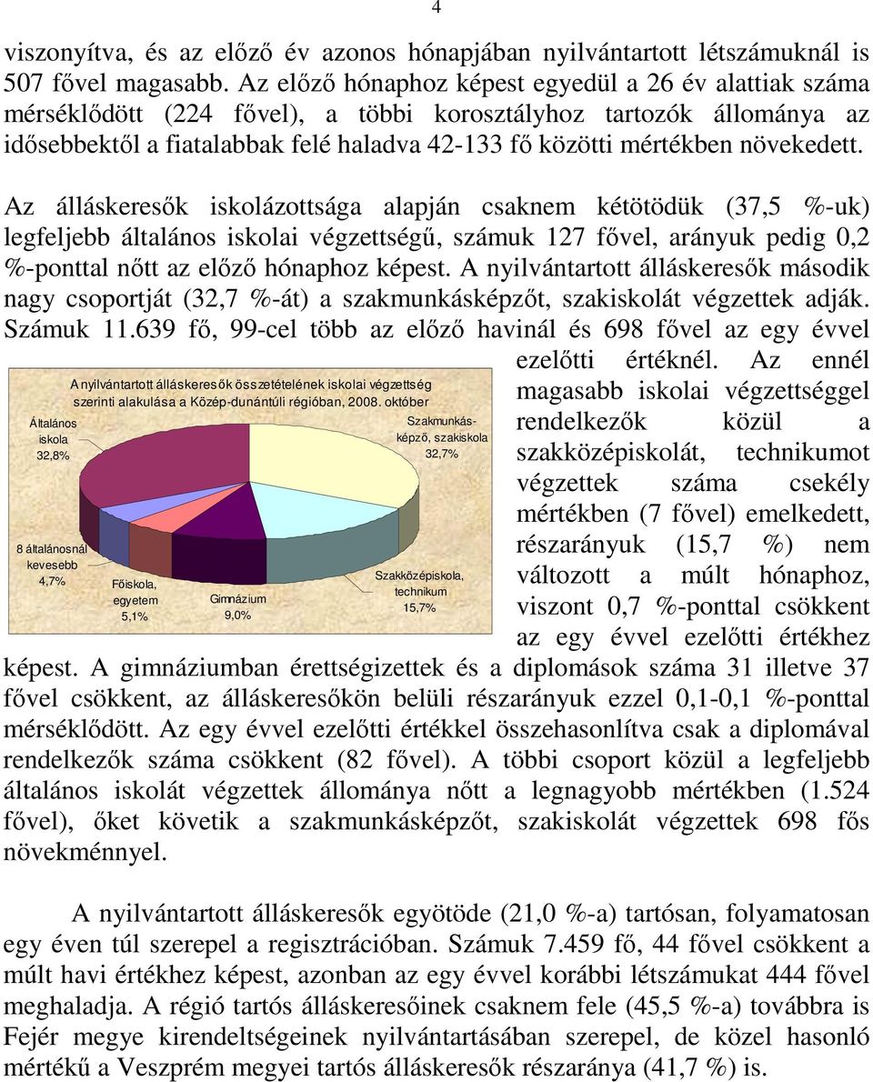 növekedett. Az álláskeresık iskolázottsága alapján csaknem kétötödük (37,5 %-uk) legfeljebb általános iskolai végzettségő, számuk 127 fıvel, arányuk pedig 0,2 %-ponttal nıtt az elızı hónaphoz képest.