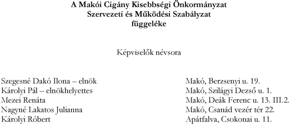 Károlyi Pál elnökhelyettes Makó, Szilágyi Dezső u. 1.