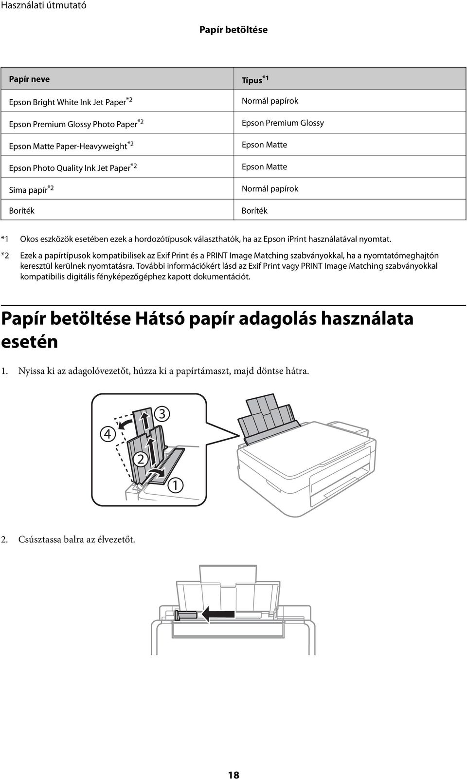 *2 Ezek a papírtípusok kompatibilisek az Exif Print és a PRINT Image Matching szabványokkal, ha a nyomtatómeghajtón keresztül kerülnek nyomtatásra.