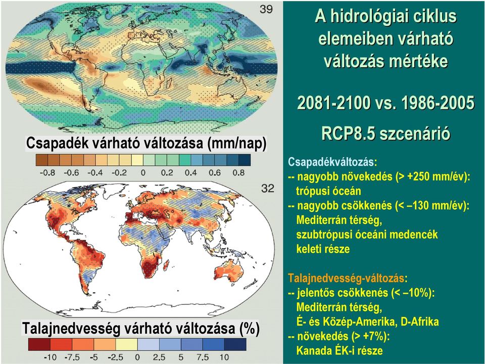 5 szcenárió Csapadékváltozás: -- nagyobb növekedés (> +250 mm/év): trópusi óceán -- nagyobb csökkenés (< 130 mm/év):