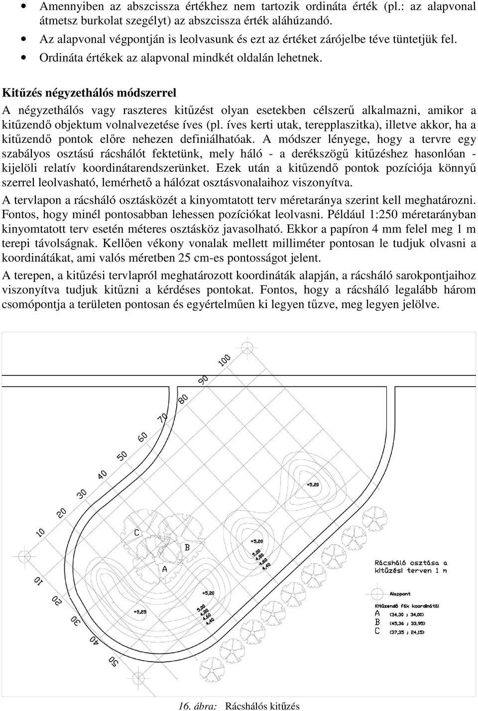 Kitűzés négyzethálós módszerrel A négyzethálós vagy raszteres kitűzést olyan esetekben célszerű alkalmazni, amikor a kitűzendő objektum volnalvezetése íves (pl.