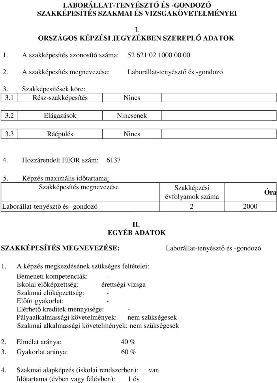 Képzés maximális időtartama: Szakképesítés megnevezése Szakképzési évfolyamok száma Laborállat-tenyésztő és -gondozó 2 2000 Óraszám II.