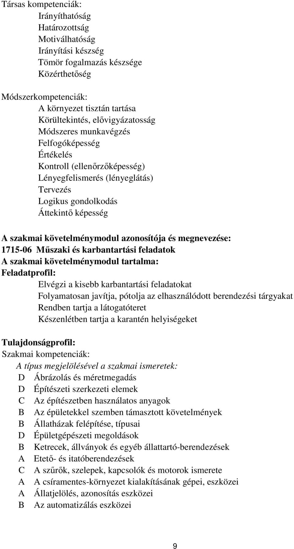 azonosítója és megnevezése: 1715-06 Műszaki és karbantartási feladatok A szakmai követelménymodul tartalma: Feladatprofil: Elvégzi a kisebb karbantartási feladatokat Folyamatosan javítja, pótolja az