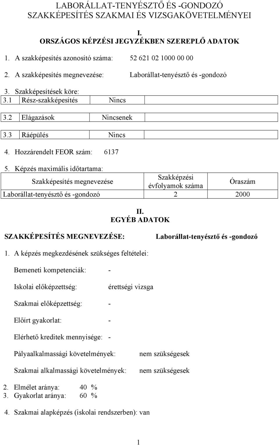 Képzés maximális időtartama: Szakképesítés megnevezése Szakképzési évfolyamok száma Óraszám Laborállat-tenyésztő és -gondozó 2 2000 II.