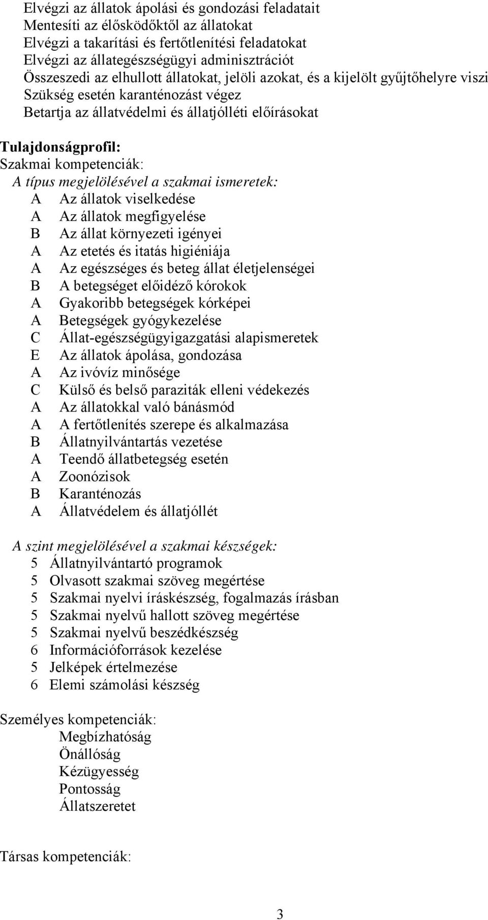 típus megjelölésével a szakmai ismeretek: z állatok viselkedése z állatok megfigyelése B z állat környezeti igényei z etetés és itatás higiéniája z egészséges és beteg állat életjelenségei B