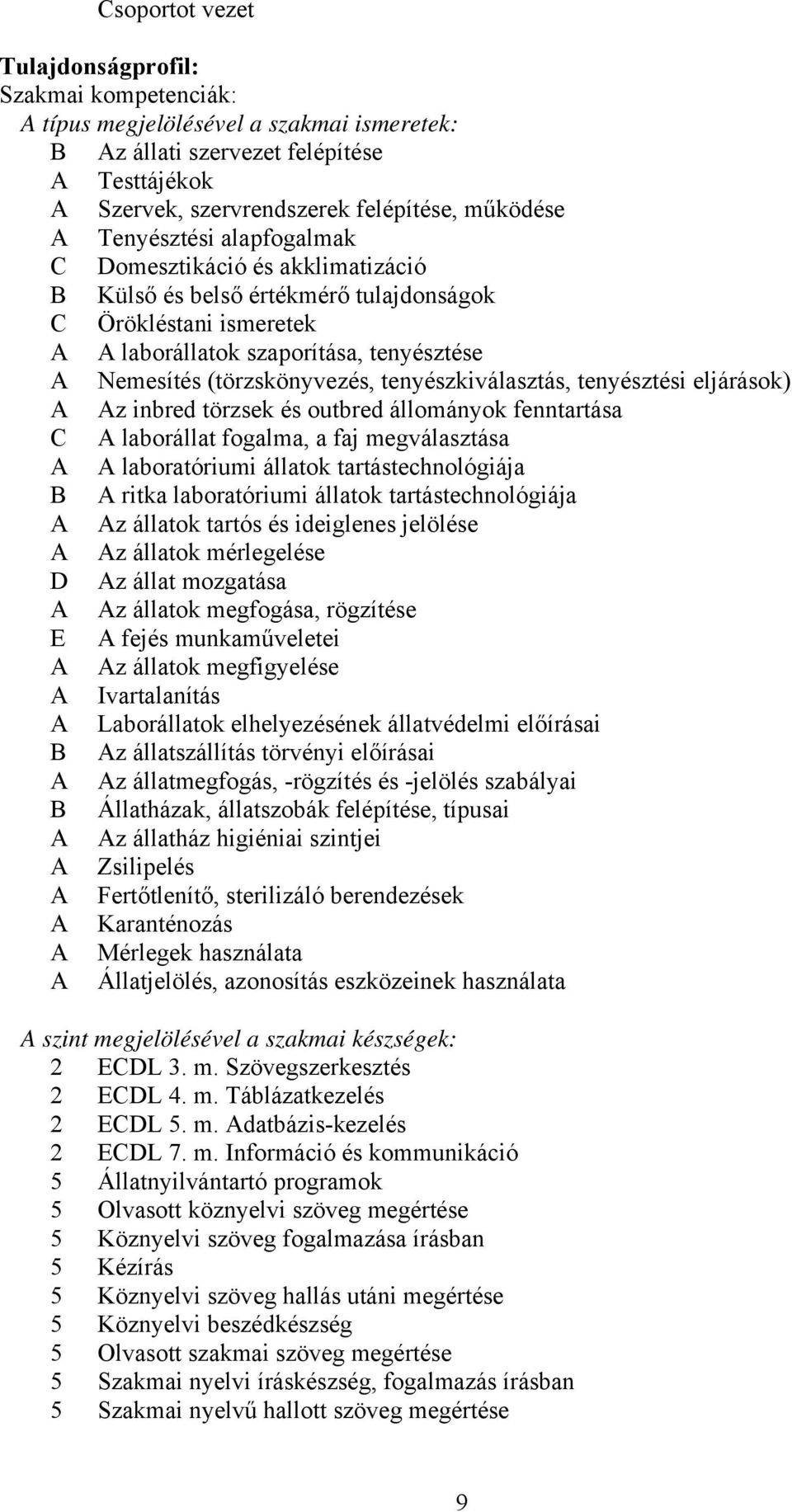 tenyészkiválasztás, tenyésztési eljárások) z inbred törzsek és outbred állományok fenntartása C laborállat fogalma, a faj megválasztása laboratóriumi állatok tartástechnológiája B ritka laboratóriumi