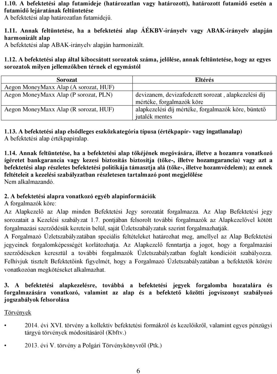 A befektetési alap által kibocsátott sorozatok száma, jelölése, annak feltüntetése, hogy az egyes sorozatok milyen jellemzőkben térnek el egymástól Sorozat Aegon MoneyMaxx Alap (A sorozat, HUF) Aegon