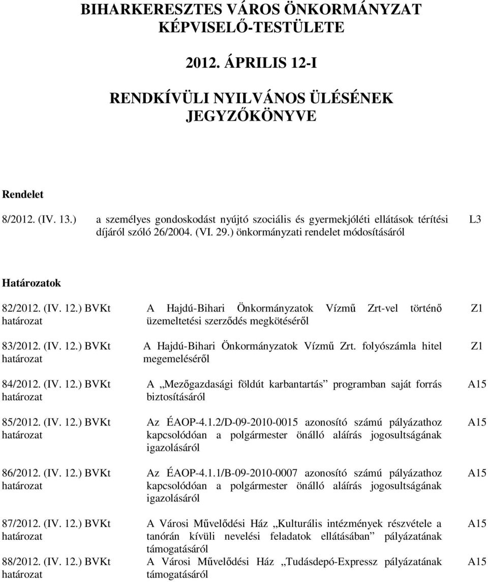 (IV. 12.) BVKt 84/2012. (IV. 12.) BVKt 85/2012. (IV. 12.) BVKt 86/2012. (IV. 12.) BVKt 87/2012. (IV. 12.) BVKt 88/2012. (IV. 12.) BVKt A Hajdú-Bihari Önkormányzatok Vízmű Zrt-vel történő üzemeltetési szerződés megkötéséről A Hajdú-Bihari Önkormányzatok Vízmű Zrt.