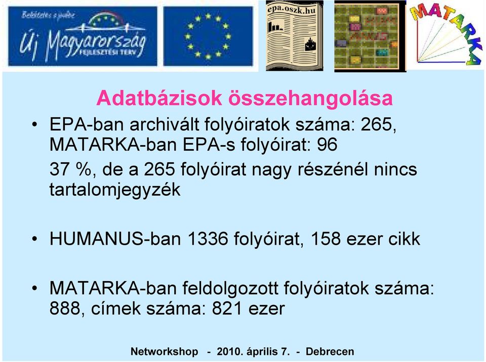 részénél nincs tartalomjegyzék HUMANUS-ban 1336 folyóirat, 158 ezer