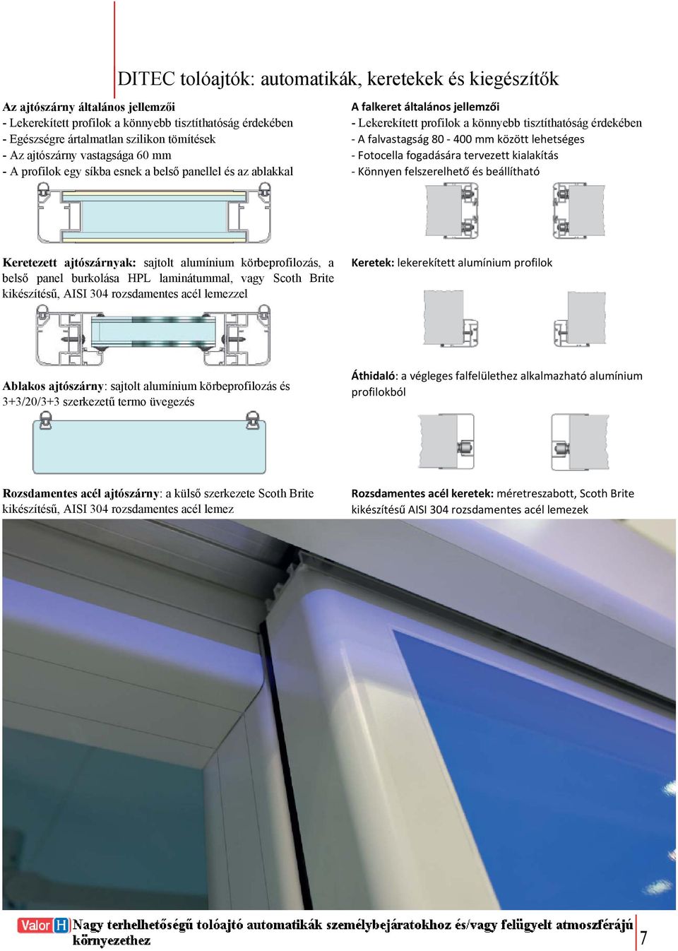 kialakítás - A profilok egy síkba esnek a belső panellel és az ablakkal Könnyen felszerelhető és beállítható Keretezett ajtószárnyak: sajtolt alumínium körbeprofilozás, a belső panel burkolása HPL