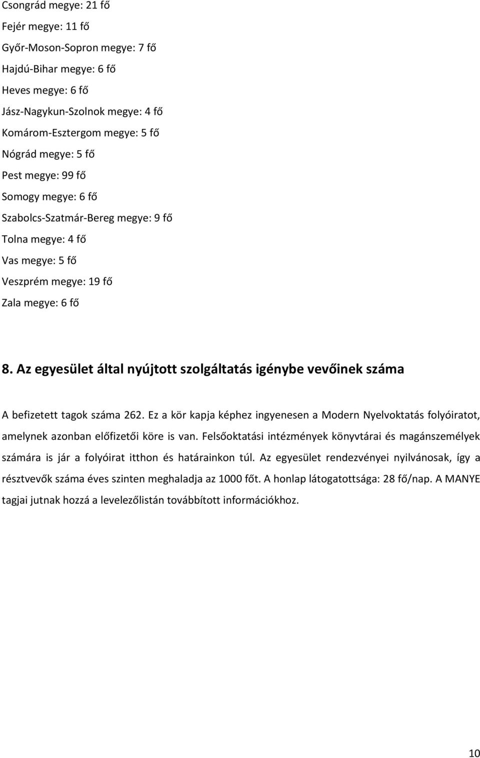 Az egyesület által nyújtott szolgáltatás igénybe vevőinek száma A befizetett tagok száma 262.