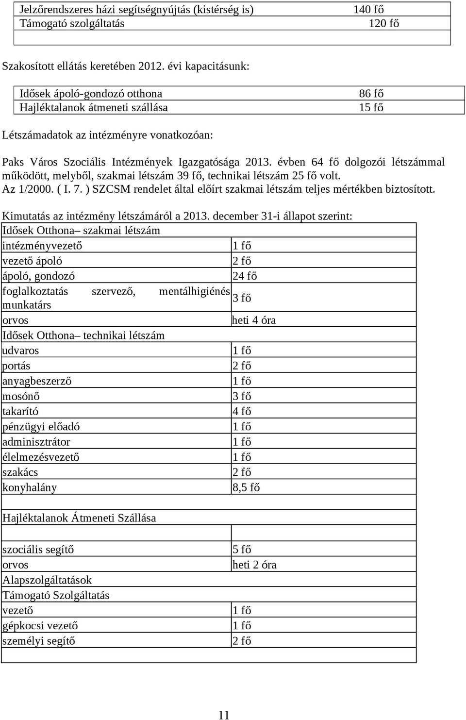 évben 64 fő dolgozói létszámmal működött, melyből, szakmai létszám 39 fő, technikai létszám 25 fő volt. Az 1/2000. ( I. 7. ) SZCSM rendelet által előírt szakmai létszám teljes mértékben biztosított.