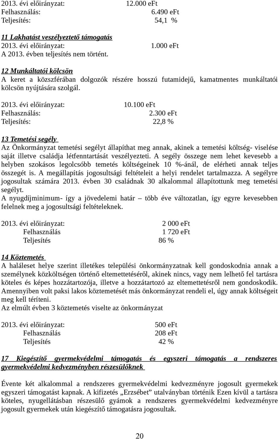 300 eft Teljesítés: 22,8 % 13 Temetési segély Az Önkormányzat temetési segélyt állapíthat meg annak, akinek a temetési költség- viselése saját illetve családja létfenntartását veszélyezteti.