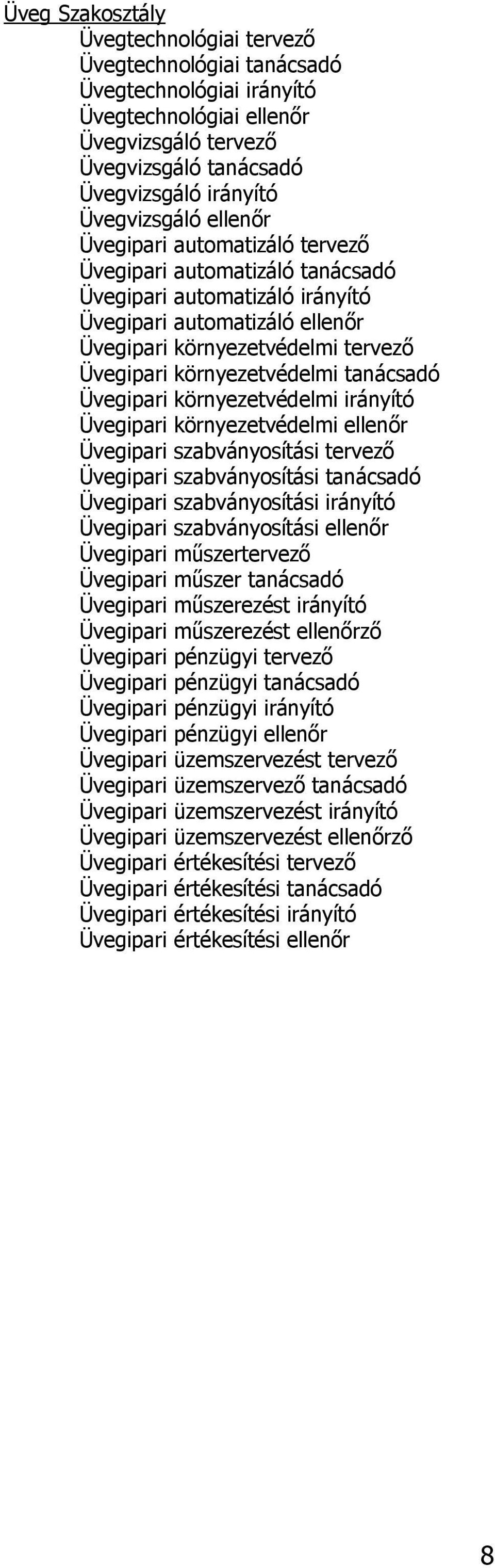 tanácsadó Üvegipari környezetvédelmi irányító Üvegipari környezetvédelmi ellenőr Üvegipari szabványosítási tervező Üvegipari szabványosítási tanácsadó Üvegipari szabványosítási irányító Üvegipari