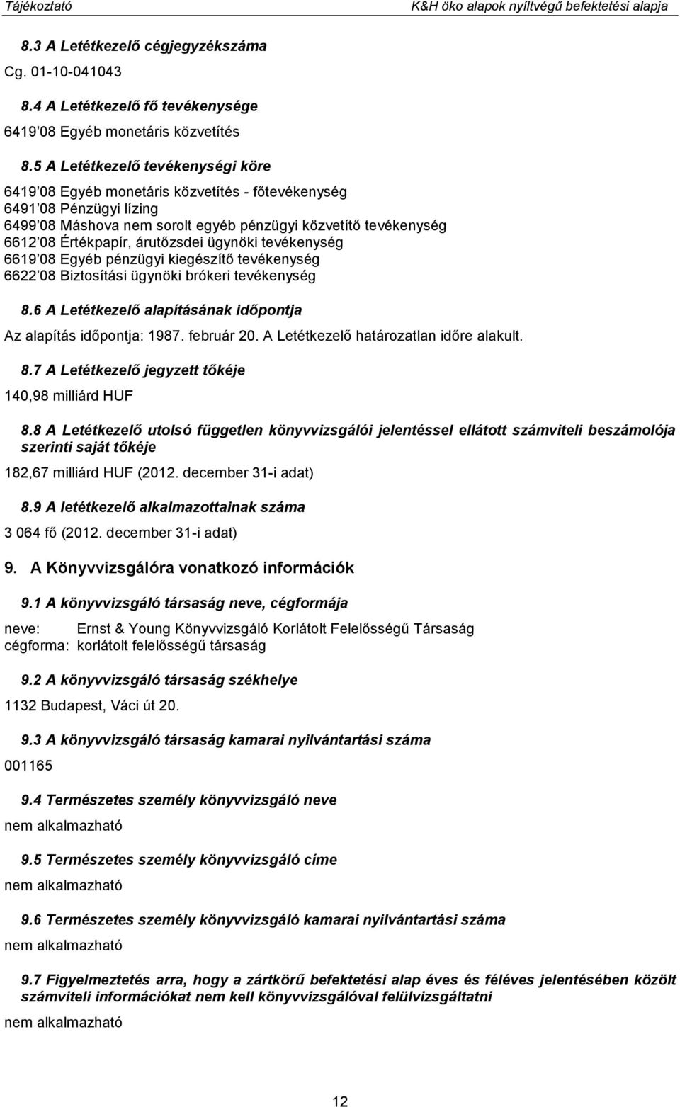 árutőzsdei ügynöki tevékenység 6619 08 Egyéb pénzügyi kiegészítő tevékenység 6622 08 Biztosítási ügynöki brókeri tevékenység 8.6 A Letétkezelő alapításának időpontja Az alapítás időpontja: 1987.