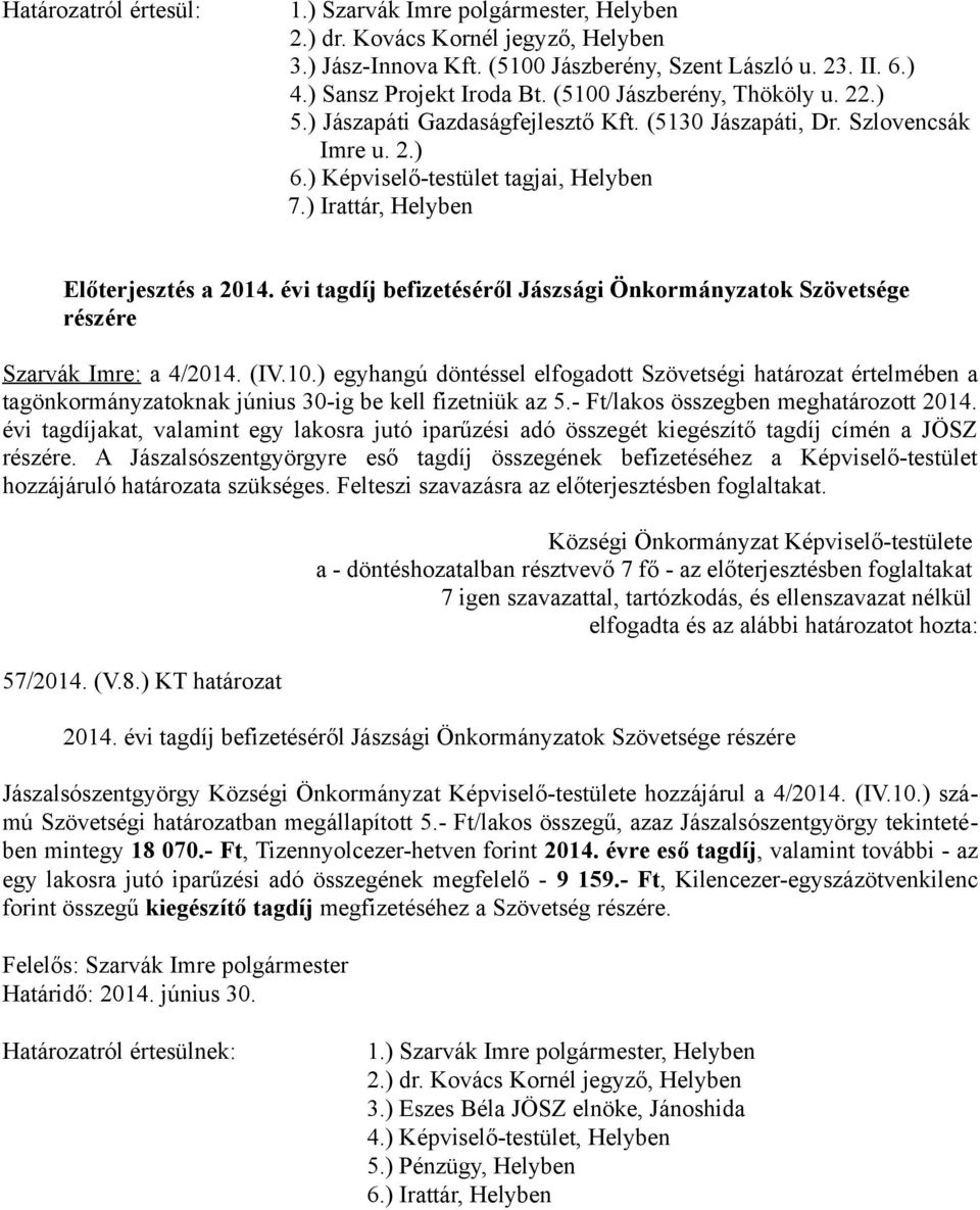 évi tagdíj befizetéséről Jászsági Önkormányzatok Szövetsége részére Szarvák Imre: a 4/2014. (IV.10.