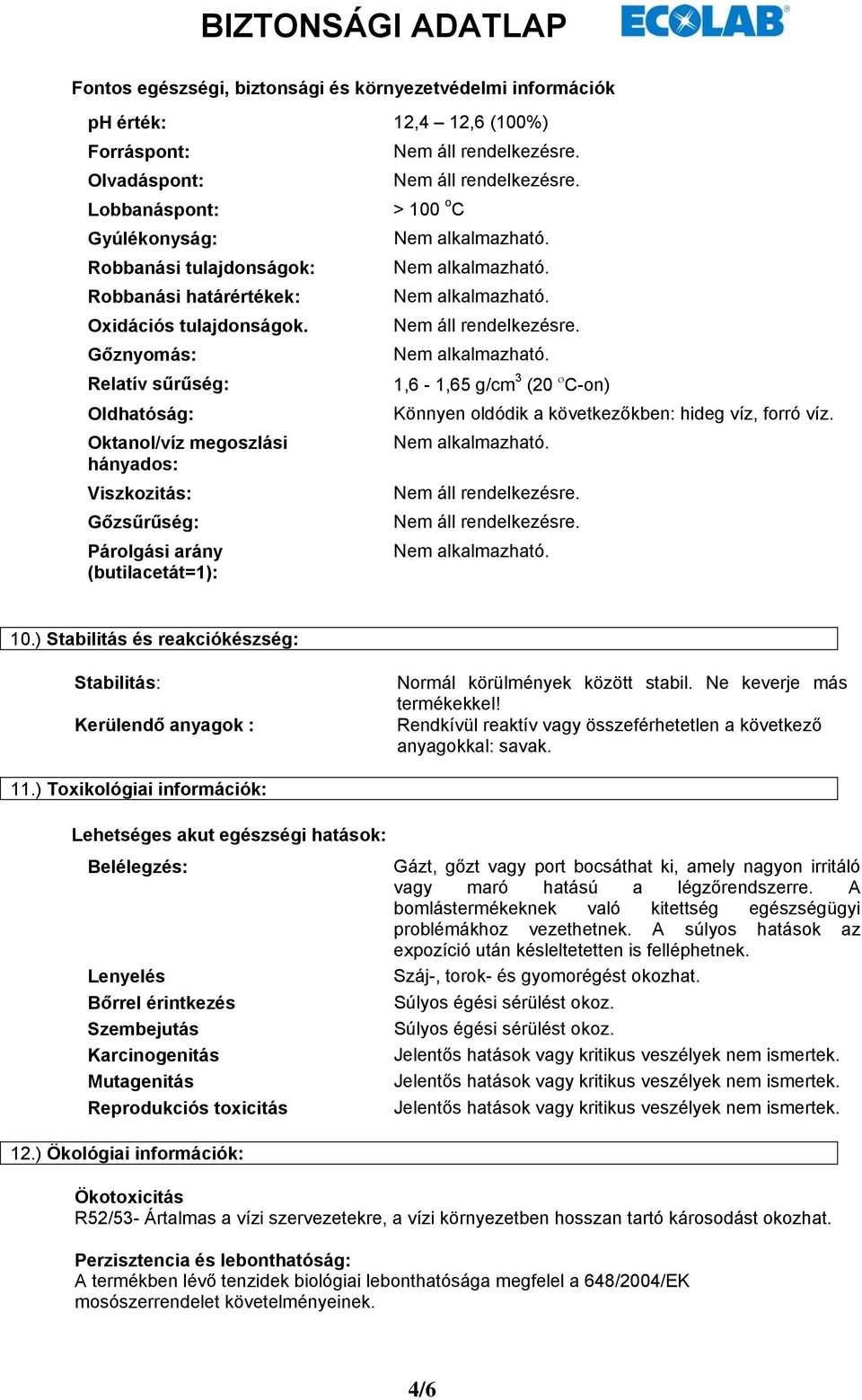 Gőznyomás: Relatív sűrűség: Oldhatóság: Oktanol/víz megoszlási hányados: Viszkozitás: Gőzsűrűség: Párolgási arány (butilacetát=1): > 100 o C 1,6-1,65 g/cm 3 (20 ο C-on) Könnyen oldódik a