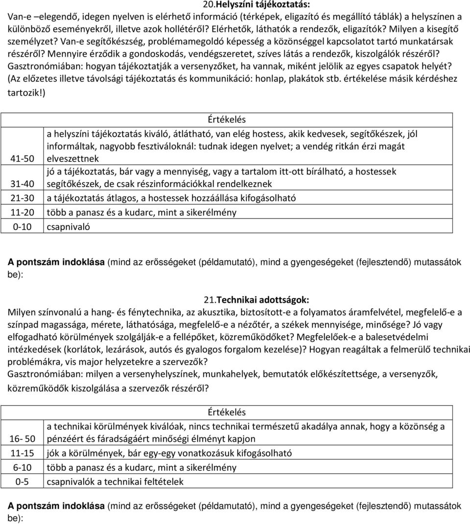 Mennyire érződik a gondoskodás, vendégszeretet, szíves látás a rendezők, kiszolgálók részéről? Gasztronómiában: hogyan tájékoztatják a versenyzőket, ha vannak, miként jelölik az egyes csapatok helyét?