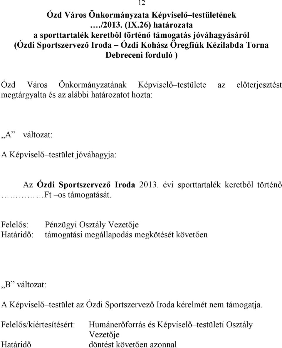 Képviselő testülete az előterjesztést megtárgyalta és az alábbi határozatot hozta: A változat: A Képviselő testület jóváhagyja: Az Ózdi Sportszervező Iroda 2013.