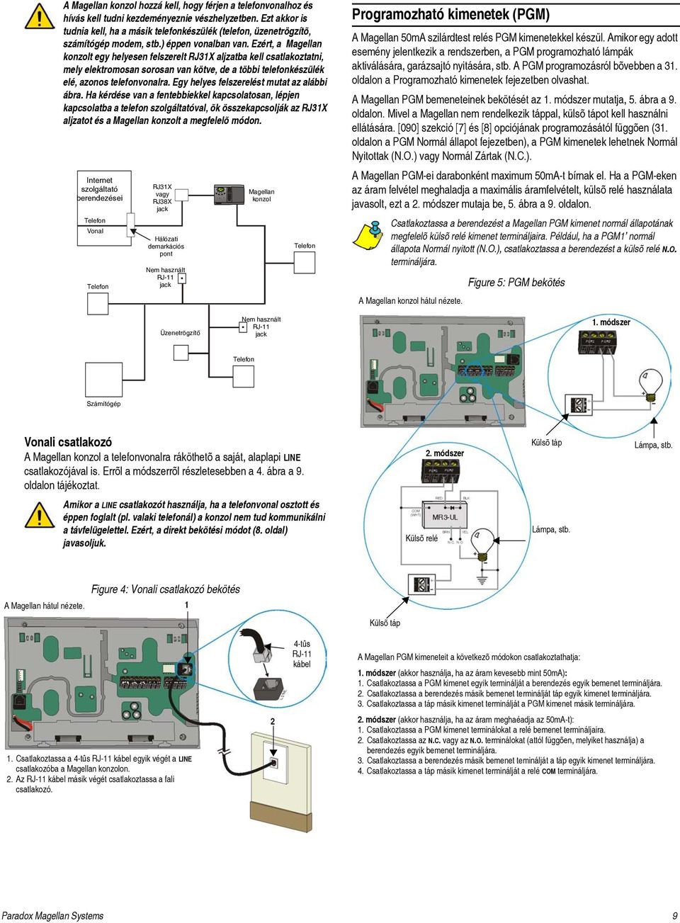 Ezért, a Magellan konzolt egy helyesen felszerelt RJ31X aljzatba kell csatlakoztatni, mely elektromosan sorosan van kötve, de a többi telefonkészülék elé, azonos telefonvonalra.