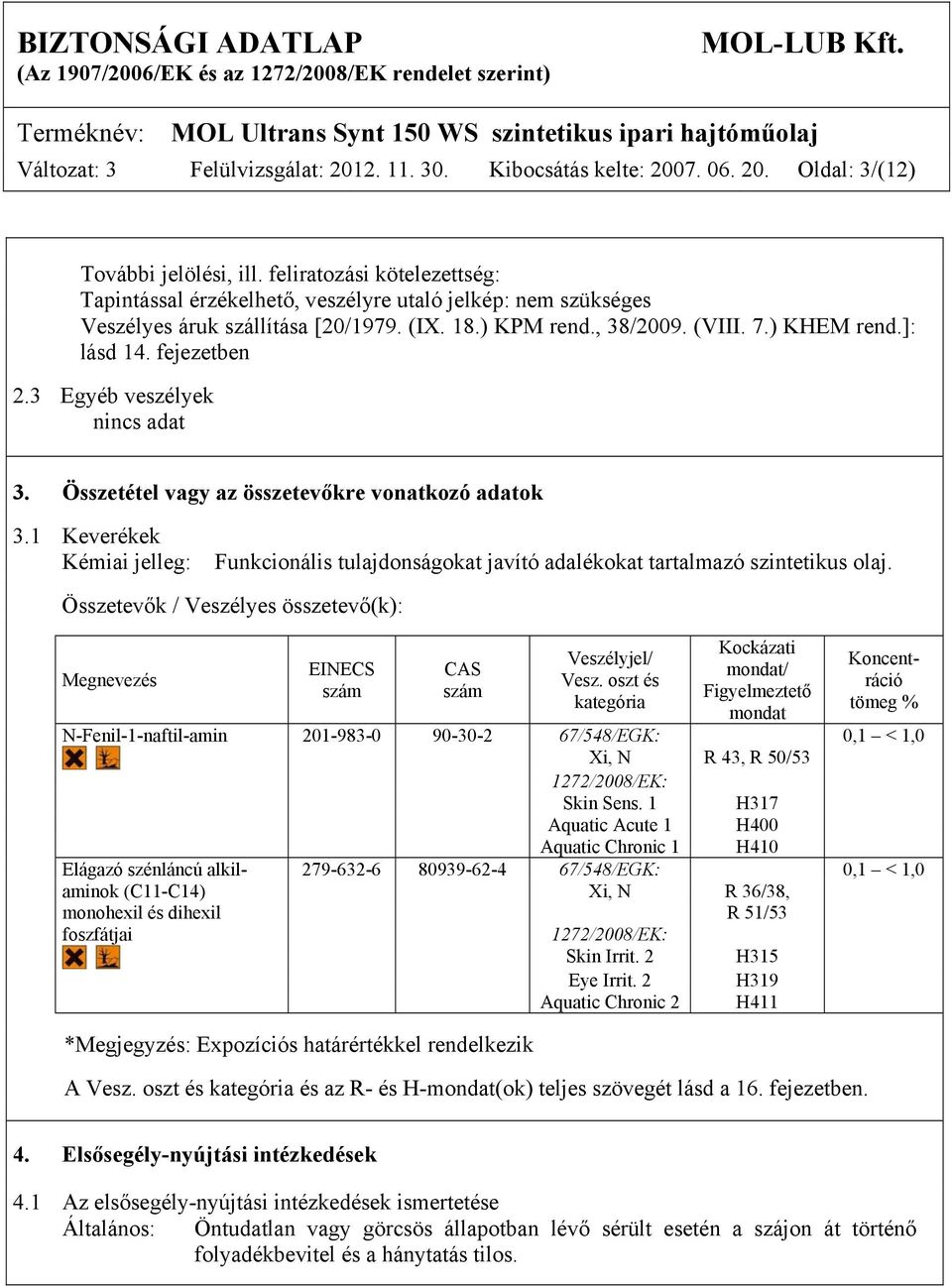 fejezetben 2.3 Egyéb veszélyek 3. Összetétel vagy az összetevőkre vonatkozó adatok 3.1 Keverékek Kémiai jelleg: Funkcionális tulajdonságokat javító adalékokat tartalmazó szintetikus olaj.