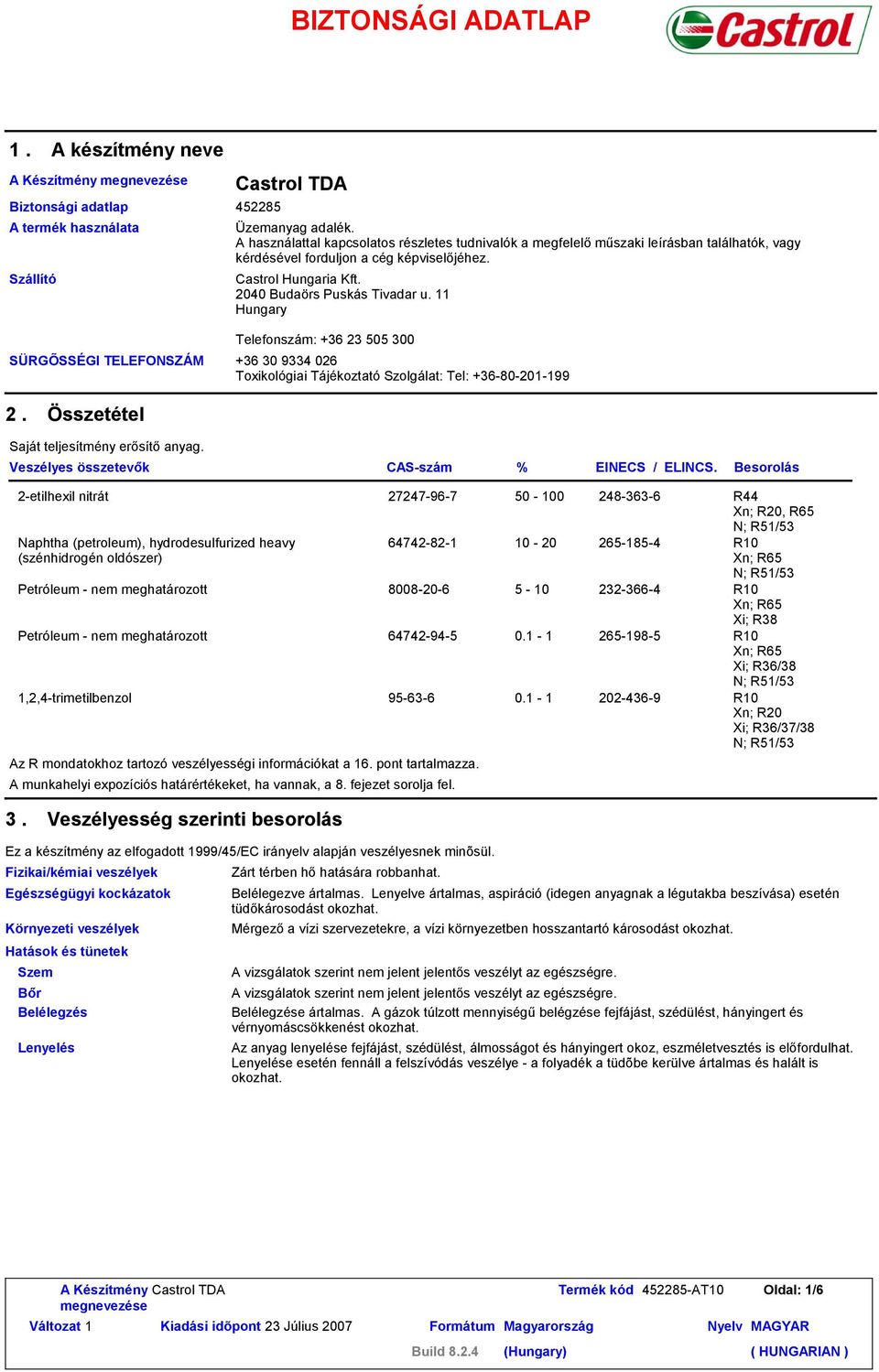 11 Hungary Telefonszám: +36 23 505 300 +36 30 9334 026 Toxikológiai Tájékoztató Szolgálat: Tel: +36-80-201-199 2. Összetétel Saját teljesítmény erősítő anyag.