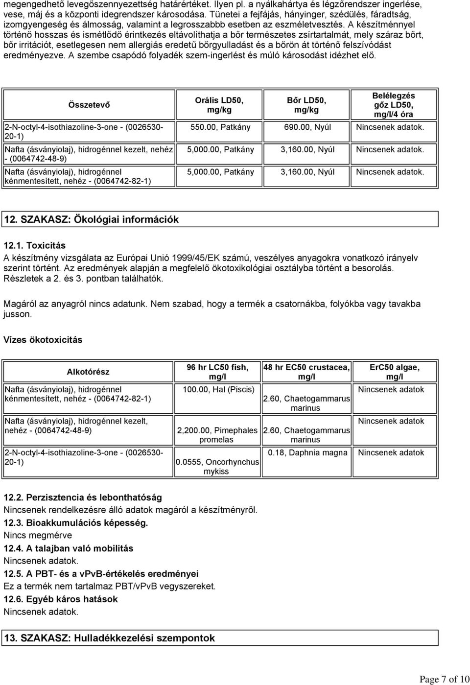 A készítménnyel történő hosszas és ismétlődő érintkezés eltávolíthatja a bőr természetes zsírtartalmát, mely száraz bőrt, bőr irritációt, esetlegesen nem allergiás eredetű bőrgyulladást és a bőrön át