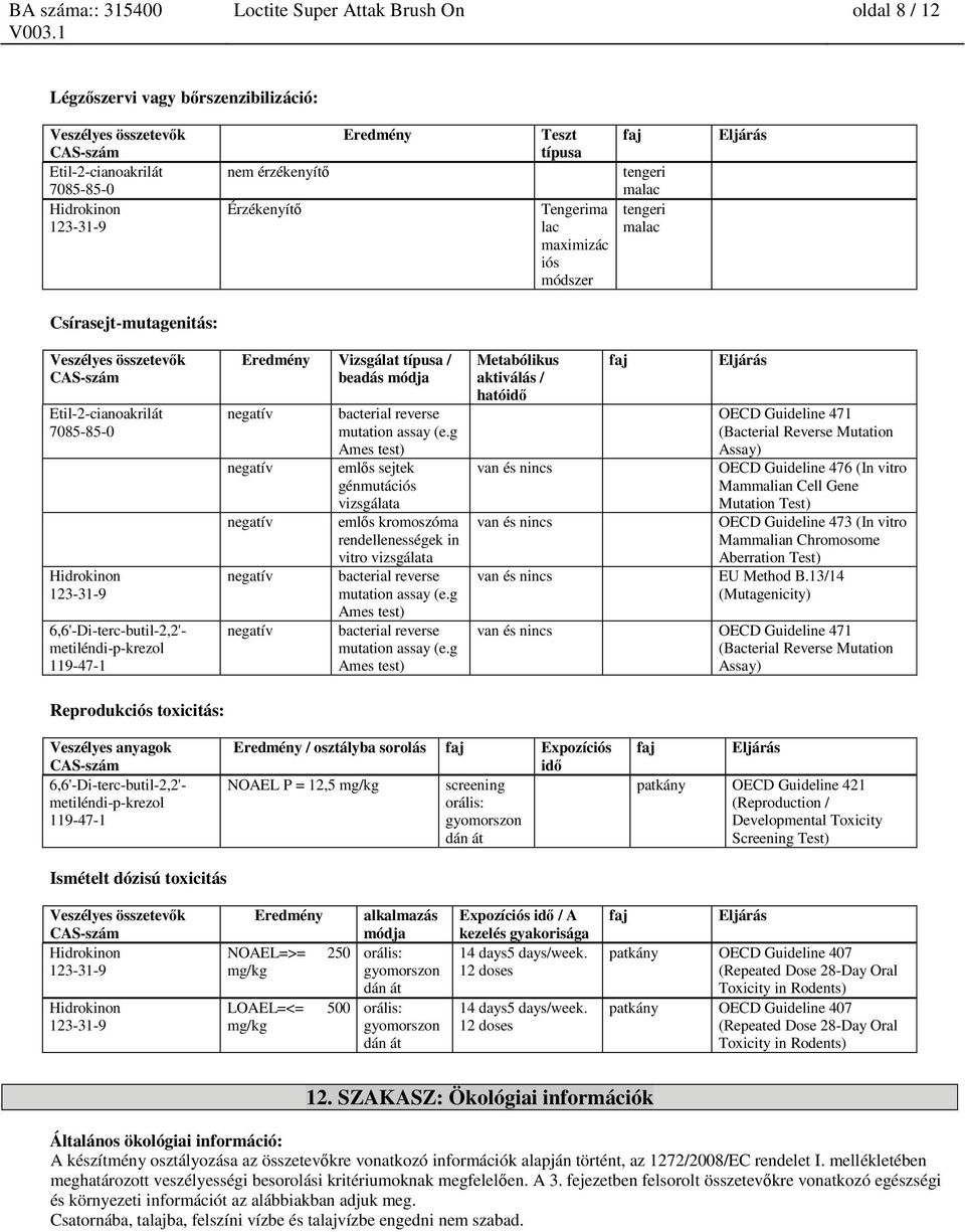 g Ames test) emlős sejtek génmutációs vizsgálata emlős kromoszóma rendellenességek in vitro vizsgálata bacterial reverse mutation assay (e.g Ames test) bacterial reverse mutation assay (e.