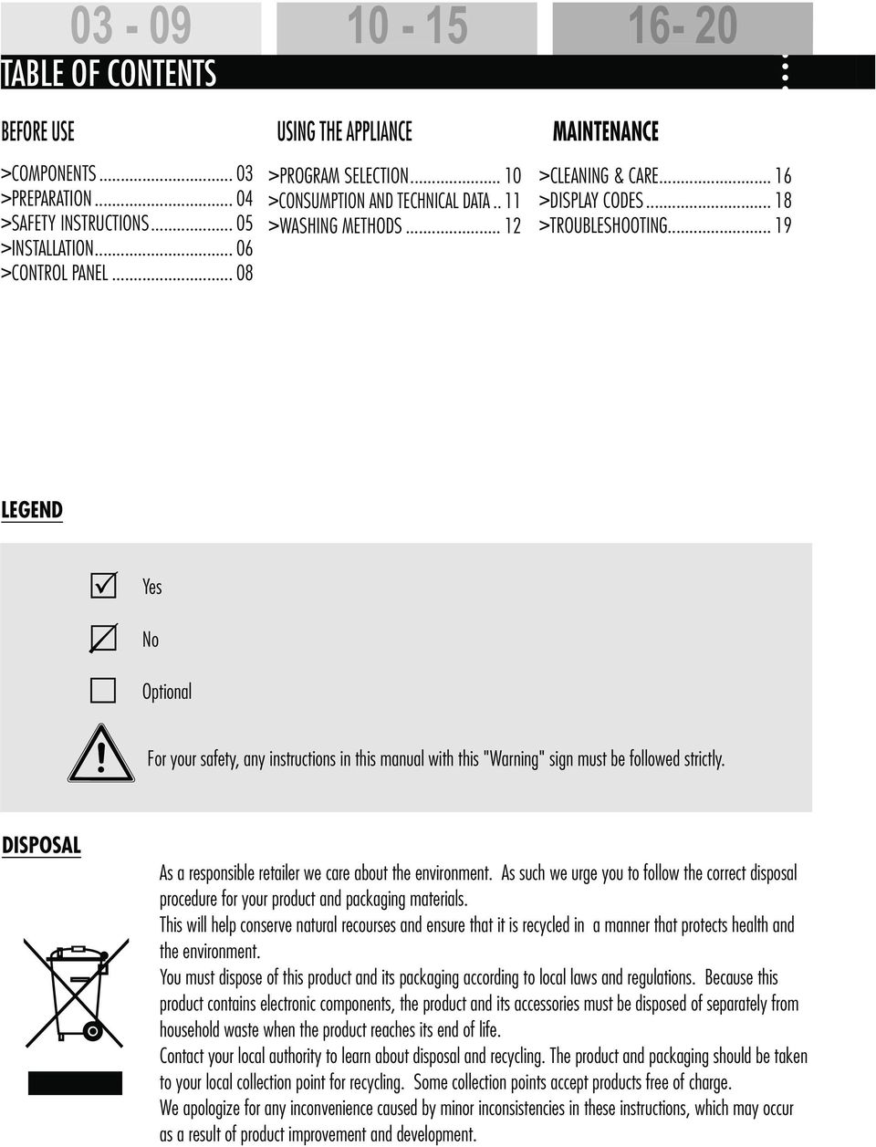 .. 19 LEGEND Yes No Optional For your safety, any instructions in this manual with this "Warning" sign must be followed strictly. DISPOSAL As a responsible retailer we care about the environment.