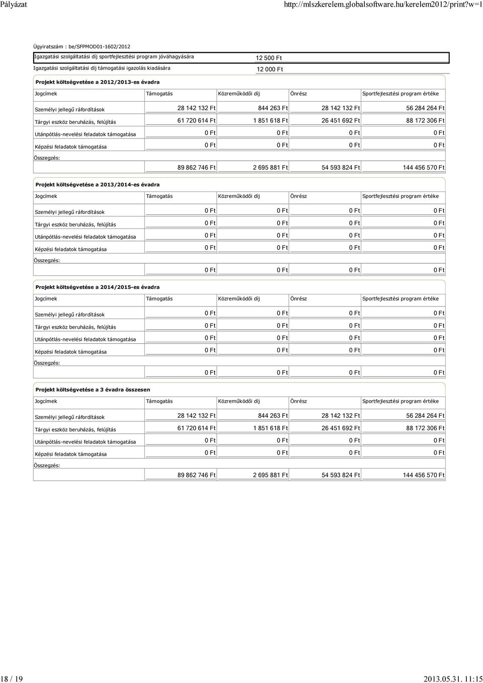 Jogcímek Támogatás Közreműködői díj Önrész Sportfejlesztési program értéke Személyi jellegű ráfordítások Tárgyi eszköz beruházás, felújítás Utánpótlás-nevelési feladatok támogatása Képzési feladatok