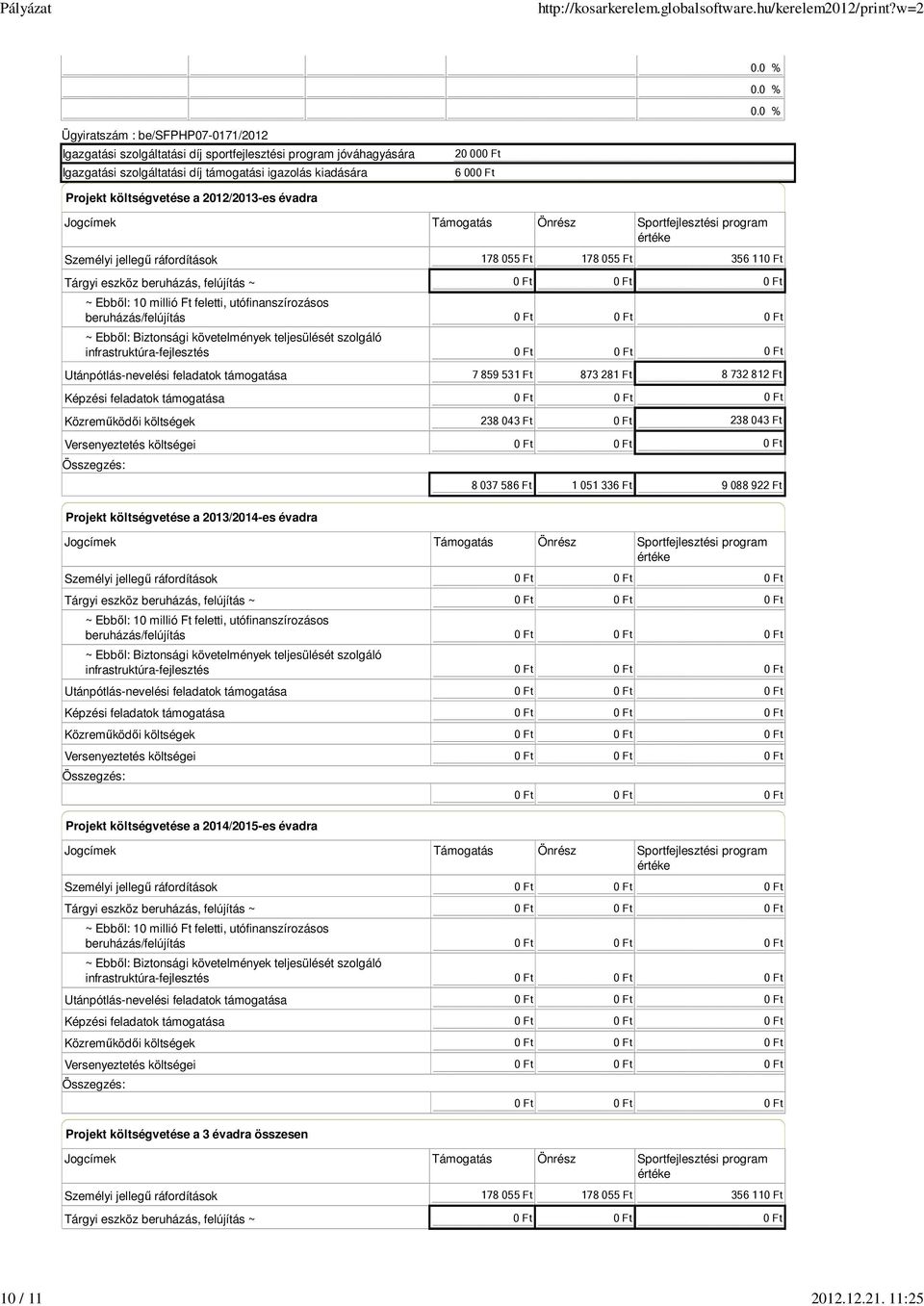 Támogatás Önrész Sportfejlesztési program értéke Személyi jellegű ráfordítások Tárgyi eszköz beruházás, felújítás ~ ~ Ebből: 10 millió Ft feletti, utófinanszírozásos beruházás/felújítás ~ Ebből: