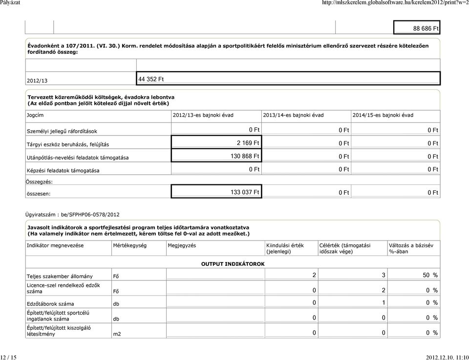 előző pontban jelölt kötelező díjjal növelt érték) Jogcím 2012/13-es bajnoki évad 2013/14-es bajnoki évad 2014/15-es bajnoki évad Személyi jellegű ráfordítások Tárgyi eszköz beruházás, felújítás