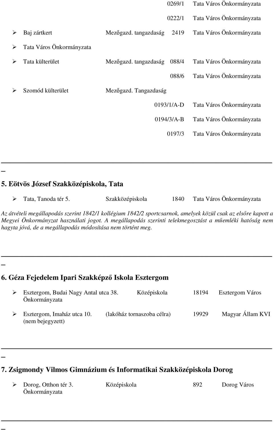 Tangazdaság 0193/1/A-D 0194/3/A-B Tata Város Önkormányzata Tata Város Önkormányzata 0197/3 Tata Város Önkormányzata 5. Eötvös József Szakközépiskola, Tata Tata, Tanoda tér 5.